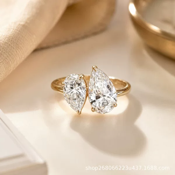 Cross-Border Jewelry Double Stone Open Ring for Women, Copper Gold-Plated Water Drop Square Zircon Ring, European and American Light Luxury Jewelry Wholesale
