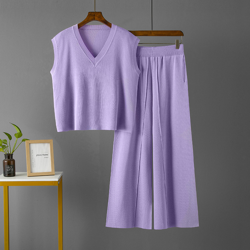 Suit Women V Neck Loose Sleeveless Knit Vest Top High Waist Loose Slimming Casual Slit Wide Leg Pants 5 Suit Women V Neck Loose Sleeveless Knit Vest Top High Waist Loose Slimming Casual Slit Wide Leg Pants