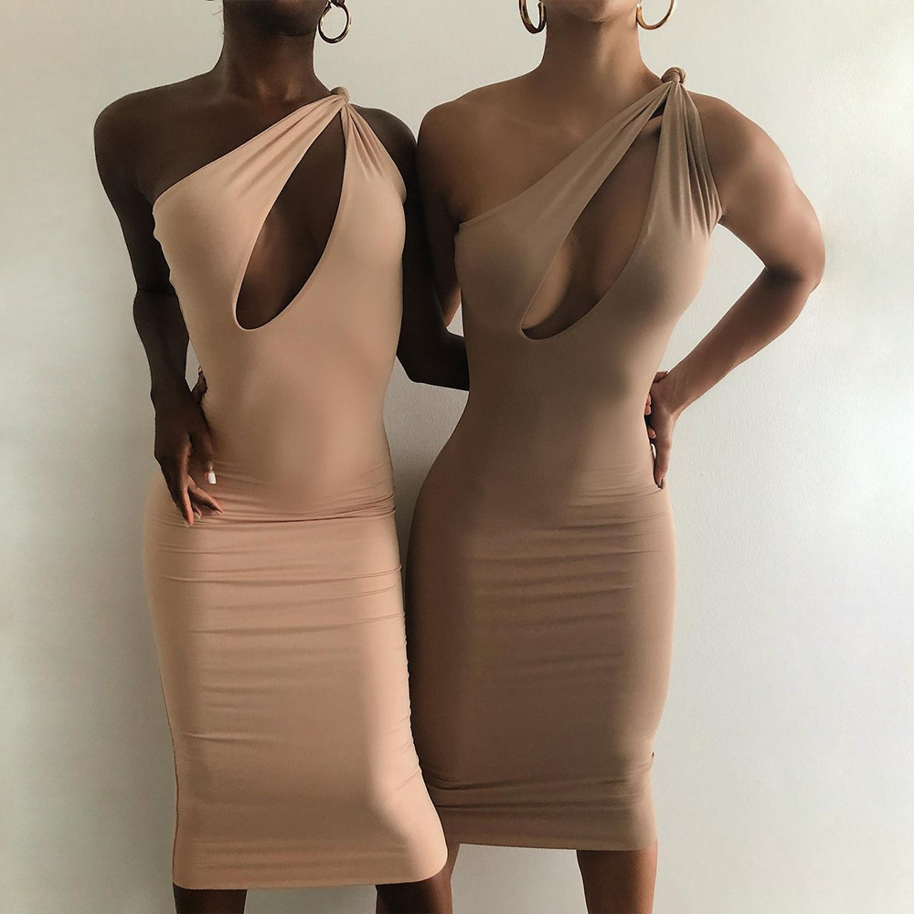 Solid Color Mid-Waist Short-Sleeved Slim Slit Dress NSLBK110037