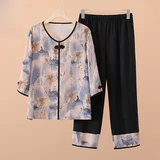 奶奶夏季套装中老年人妈妈夏装2025新款老太太洋气雪纺T恤两件套