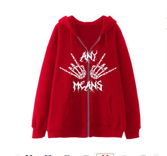 2022 Dark Series Fermuarlı Punk Tarzı El Kemiği Baskılı Kapüşonlu Niş Gotik Hırka Polar Ceket_voghion.com