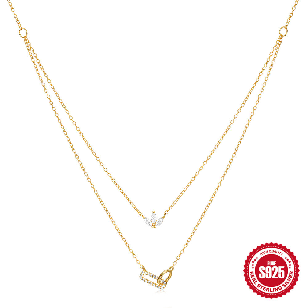 Moda europea y americana s925 plata de ley doble anillo ojo de caballo doble pinchazo collar de uso individual blanco perfecto cuello cadena de clavícula