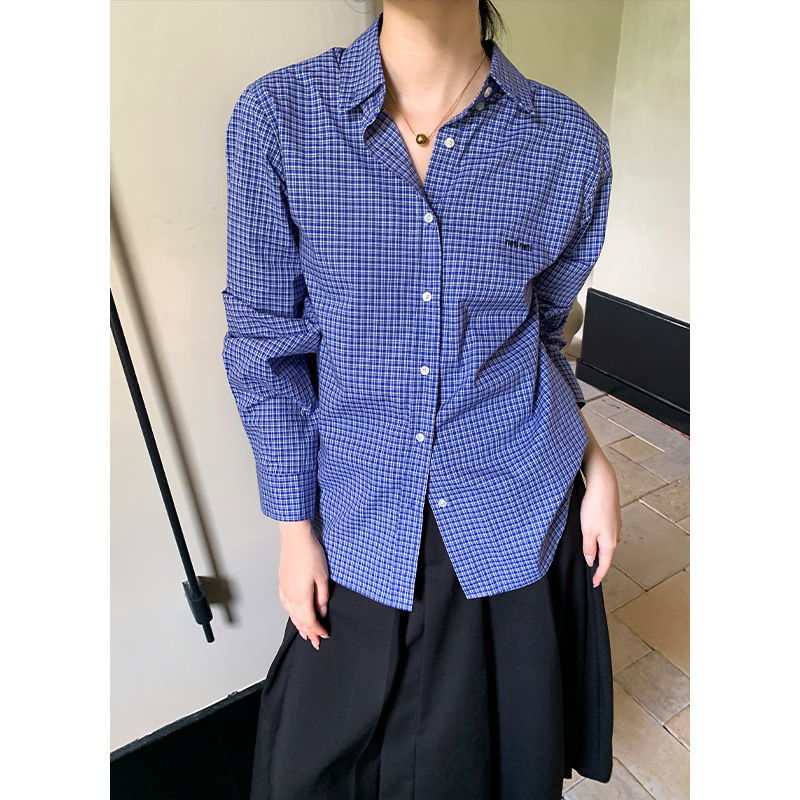 Yier Shirt Korean Style Miu Style Dongdaemun Alternative Plaid Shirt for Women Versatile Long-Sleeve Turn-Down Collar Cotton 0171