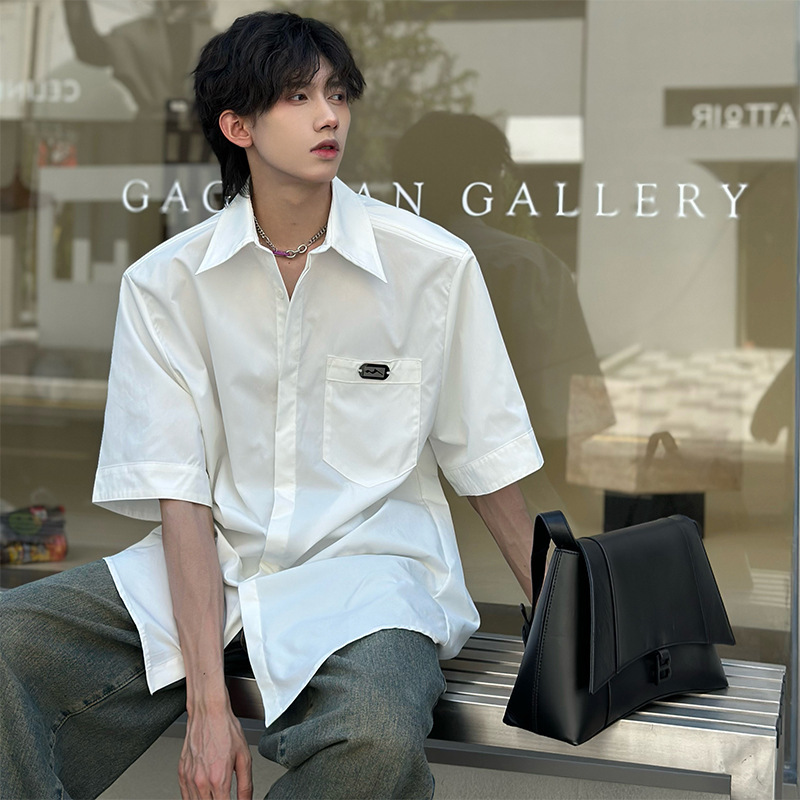 Padded Shoulder Short-sleeved White Shirt Men's High-end Sense Cuban Collar dk Suit Tension Wear 7-point Sleeve Shirt for Summer Padded Shoulder Short-sleeved White Shirt Men's High-end Sense Cuban Collar dk Suit Tension Wear 7-point Sleeve Shirt for Summer