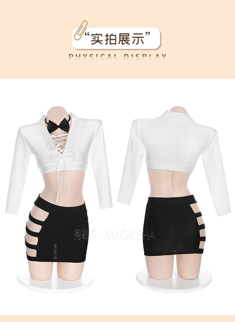 Secretary Role-Play Lingerie Set with Top, Mini Skirt, Thong, Bow Tie and Stockings — detail image 17