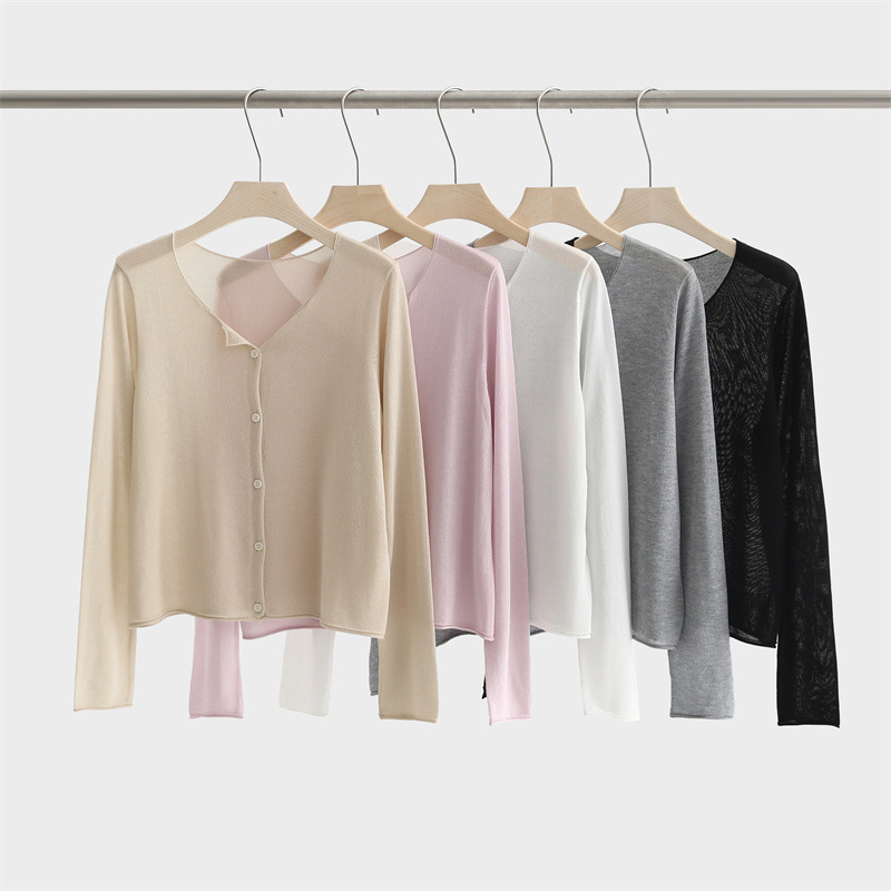 Summer Flash Tencel Lyocell Knitwear Cardigan Round Neck Long Sleeve Thin Sun-protective Shirt Air-conditioning Shirt Women's 32189