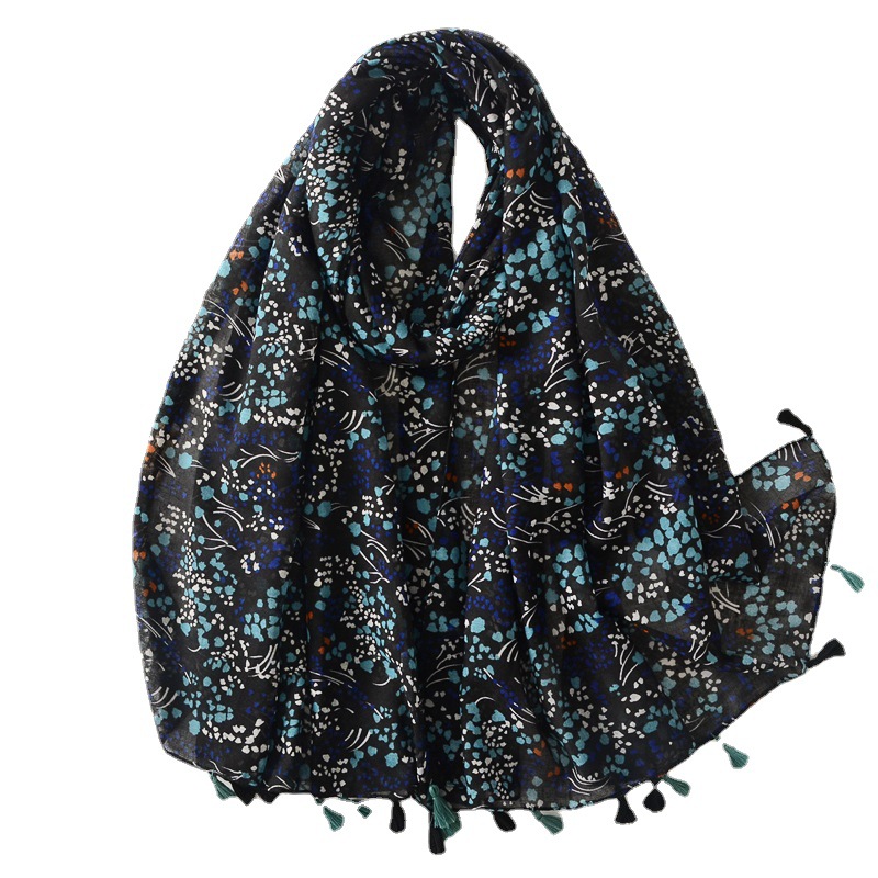 Nuevo estilo étnico retro algodón y lino sensación bufanda azul oscuro floral impreso bufanda de seda de las mujeres viajes playa toalla chal