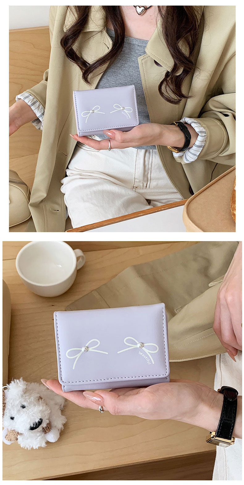 48g Weight Polyester Lining Material Magnetic Buckle Closure Type Small Wallets Bags Type 1 Piece Quantity Holiday, Daily Occasion Pu Leather Material Bow Knot Pattern All Seasons Season Women's Gender Sweet Style Square Shape Women's Bow Knot Pu Leather Magnetic Buckle Wallets 3