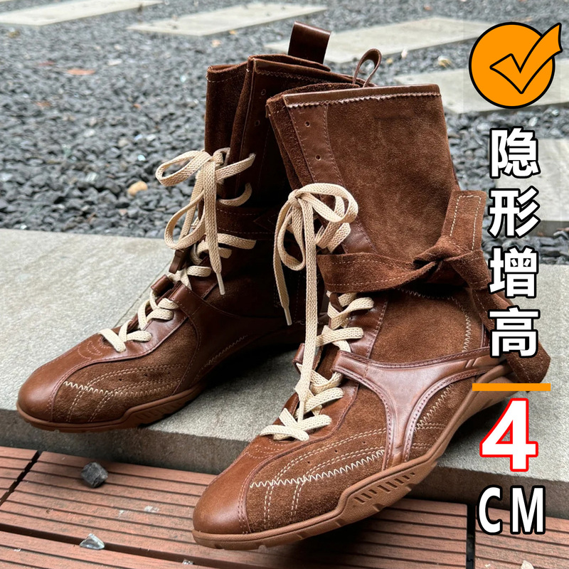 牛皮~复古拳击靴女真皮内增高靴子系带马丁靴厚底德训靴中筒短靴|undefined