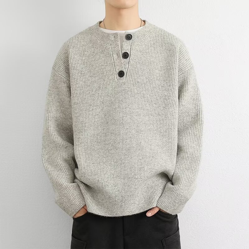 Designer Autumn and Winter V-Neck Sweater for Men with Buttons, Japanese Retro Lazy Style Loose Trendy Knitwear