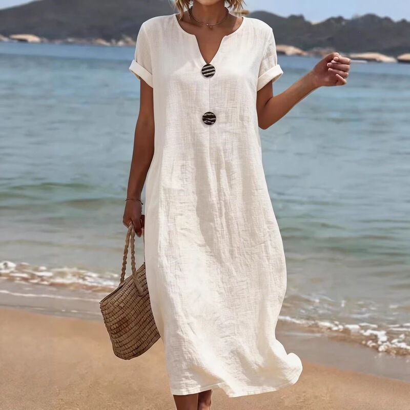 Summer European and American seaside vacation white dress for women, casual solid color sleeveless V-neck with ruffled hem Summer European and American seaside vacation white dress for women, casual solid color sleeveless V-neck with ruffled hem
