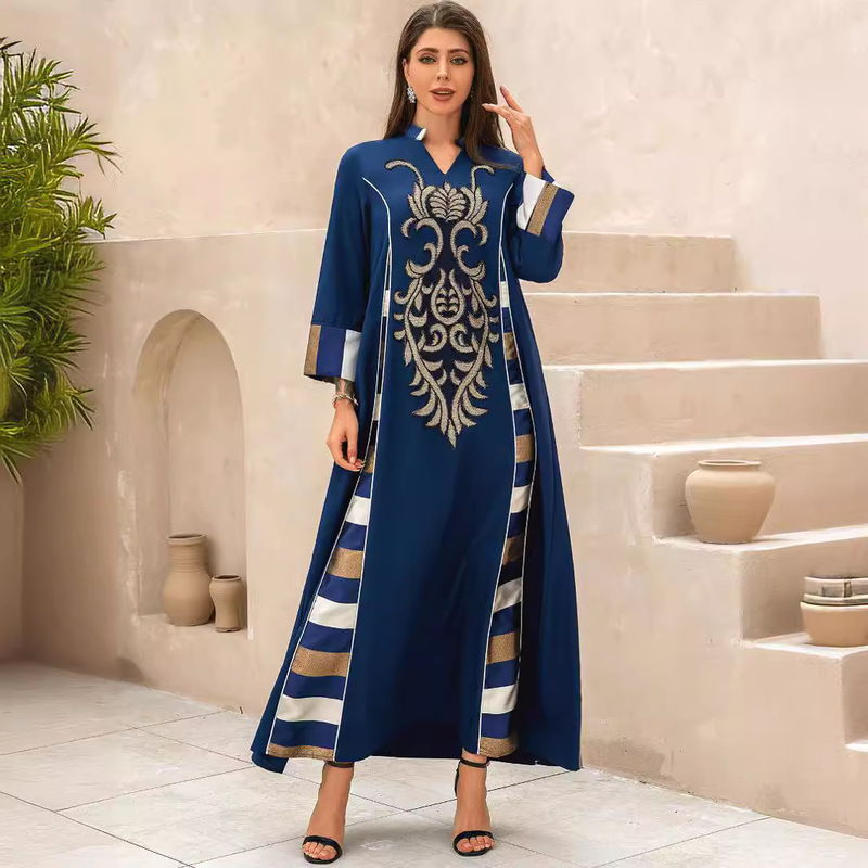 Zd107 Foreign Trade Robe Clothing with Sequin Embroidery and Striped Patchwork, Sequin Patchwork