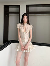 镂空上衣蕾丝边法式褶皱半裙小洋装套装