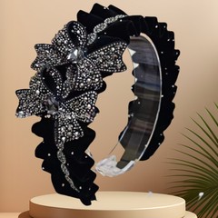 2024新款法式褶皺水鑽蝴蝶發箍寬邊高級感壓發發卡流蘇復古頭箍女