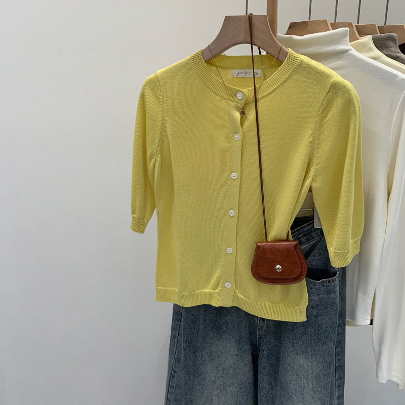 American European Goods Lyocell Tencel Wool Round Neck Mid-Sleeve Knitted Cardigan for Women 2025 New Early Autumn Short Top