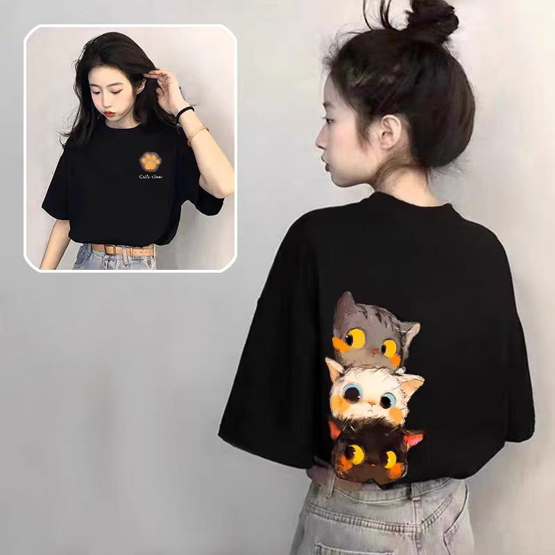 Black Pure Cotton Short-Sleeved T-Shirt for Women 2025 New Popular Summer Design Niche Top Loose T-Shirt