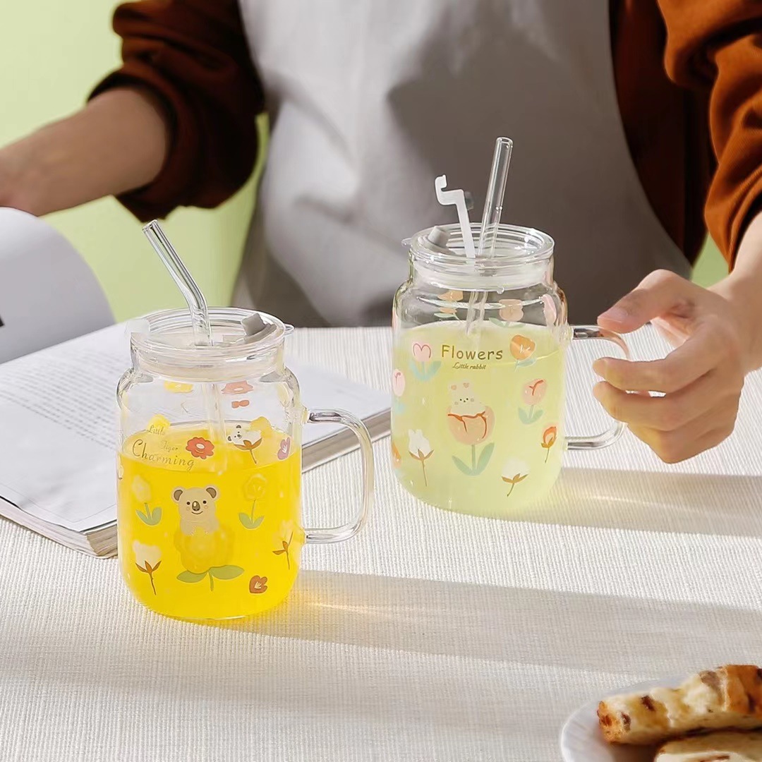 Taza de animales de flores frescas creativas con tapa taza de paja regalo Taza de oficina taza de vidrio de alta apariencia