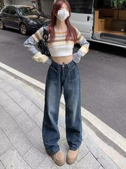 美式复古直筒牛仔裤女春秋新款小个子梨形身材高腰显瘦拖地阔腿裤