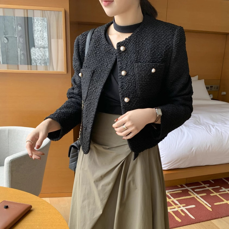 2025秋季新品法式气质小香风圆领珍珠扣粗花纺韩版短外套女外搭|undefined