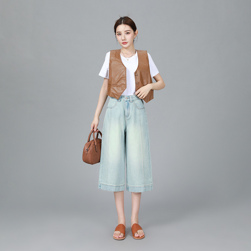 Cool beauty high-end Denim straight summer five jeans loose slim retro light blue wide leg a generation of hair