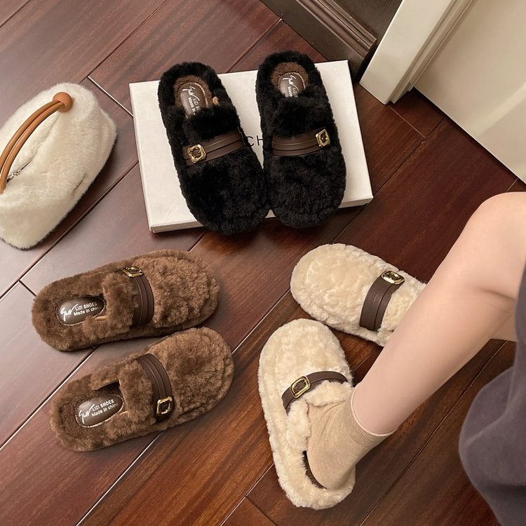皮带扣厚底包头毛毛拖鞋女外穿2025新款秋冬保暖一脚蹬孕妇棉拖鞋