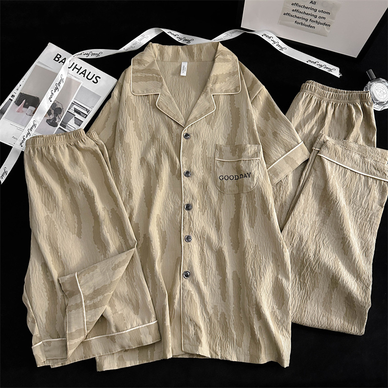 Yunduo Cotton Pajamas for Men 2025 New Summer Thin Short-Sleeved Shorts and Pants Three-Piece Set That Can Be Worn Outside Home Clothes