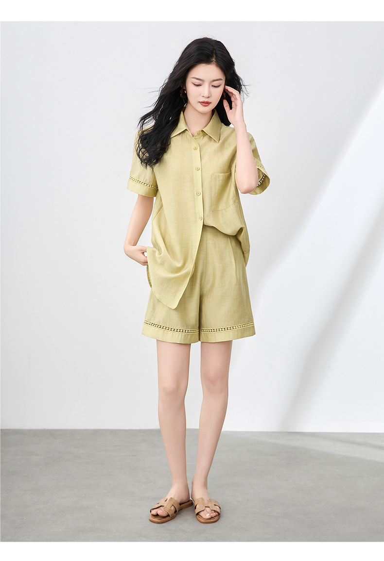 Áo sơ mi khoác pha vải lanh Tencel tay dài + quần short rộng thùng thình bộ hai mảnh mùa hè — Màu trắng chi tiết 9