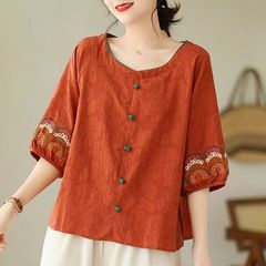 中年母親の綿と麻の半袖刺繍トップス、高級ゆったりスタイルの女性用半袖Tシャツ、夏の新しい婦人服