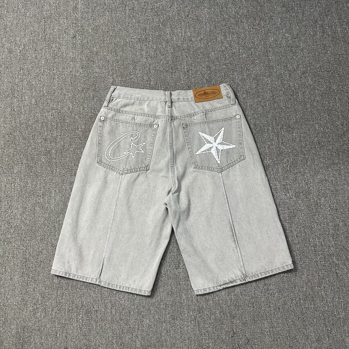 Corteiz Denim Shorts Star Embroidery Vintage Wash Grey