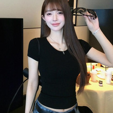早春款纯欲蝴蝶结绑带U型镂空正肩修身短袖T恤女显瘦圆领短款上衣