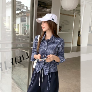 学院风POLO领单排扣长袖衬衫女2026早秋新款掐腰抽绳系带修身上衣