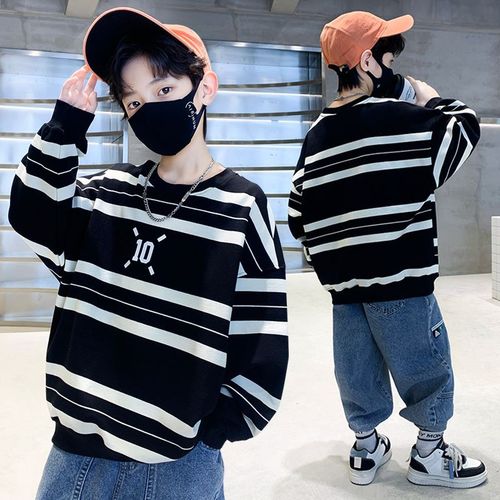 Men's Spring Hoodie 2024 New Arrival Children's Spring Outfit Streetwear Brand Striped T-Shirt for Big Kids Cool and Stylish