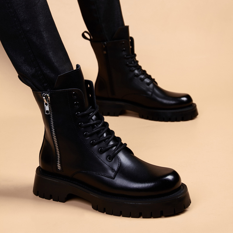 Cool Martyn Boots Men's Korean Style Workwear Boots British High-top Thick-soled Increased Leather Boots Black All-match Men's Boots Cool Martyn Boots Men's Korean Style Workwear Boots British High-top Thick-soled Increased Leather Boots Black All-match Men's Boots