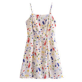 欧美2022夏新款法式复古斑点印花性感收腰开叉吊带连衣裙S1-0491