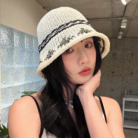 复古提花费尔岛针织毛线帽女春夏透气显脸小包头帽卷边冷帽爆款