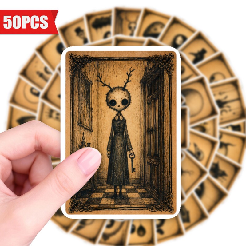 Cross-border direct purchase of 50 new dark retro-style creative stickers, nostalgic hand-drawn style rectangular horror-themed stickers