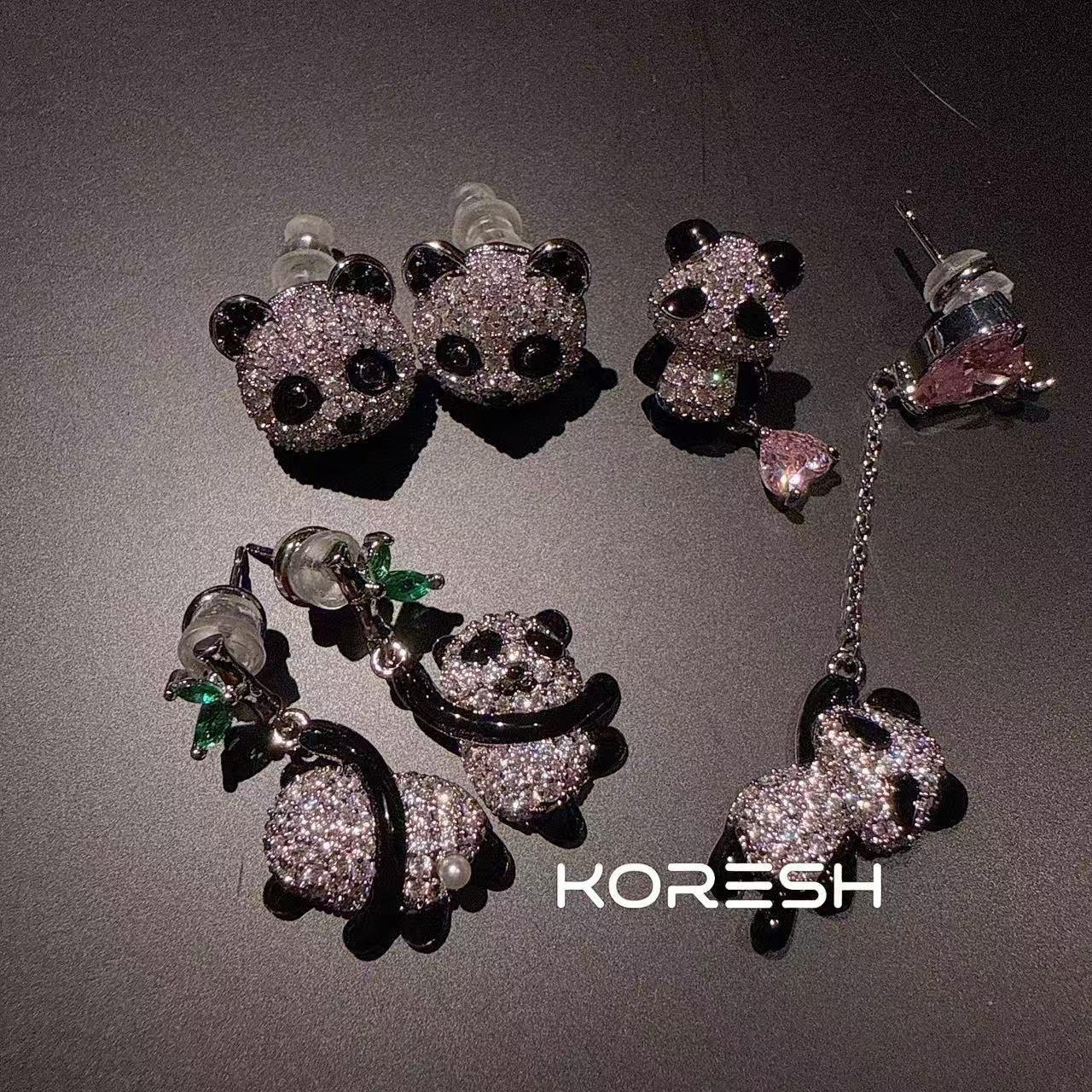 年会珠宝 新款时尚耳环精致爱心粉锆石动物不对称熊猫画油长款