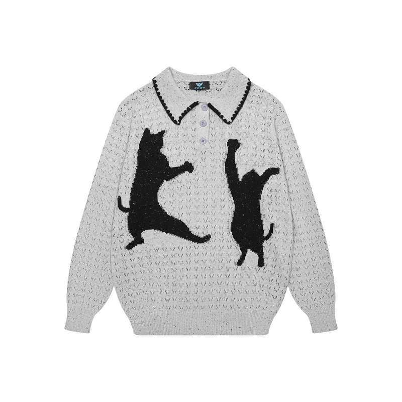 Tang Mu Trendy 2026 Autumn New Collection: National Trend Retro Color-Block Cat Jacquard Design Casual Loose-Fit Unisex Sweater