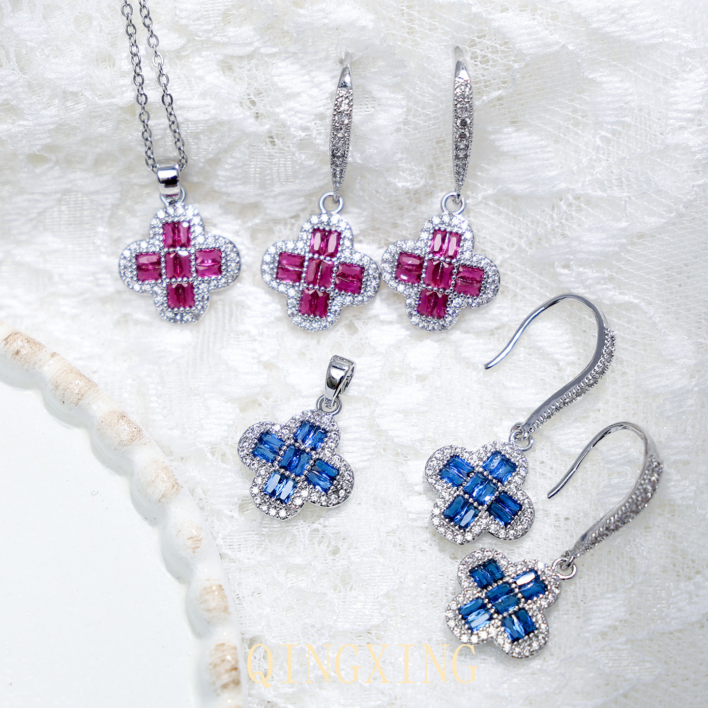 French Fashion Four-Leaf Clover Earrings for Women, Exquisite Small Fragrance Necklace Pendant, High-End Synthetic Red Orchid Gemstone Earrings