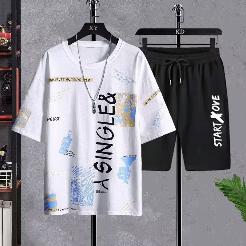Nuevo traje de degradado de seda de hielo de secado rápido, camiseta de manga corta para hombre, pantalones cortos casuales de verano, traje deportivo de dos piezas al por mayor de fábrica