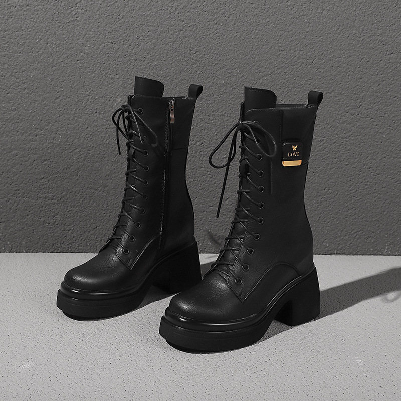 Boot nữ cổ thấp dây buộc mũi tròn đế dày gót 10 cm phong cách Anh quốc cổ điển — Nhung kaki đậm chi tiết 9