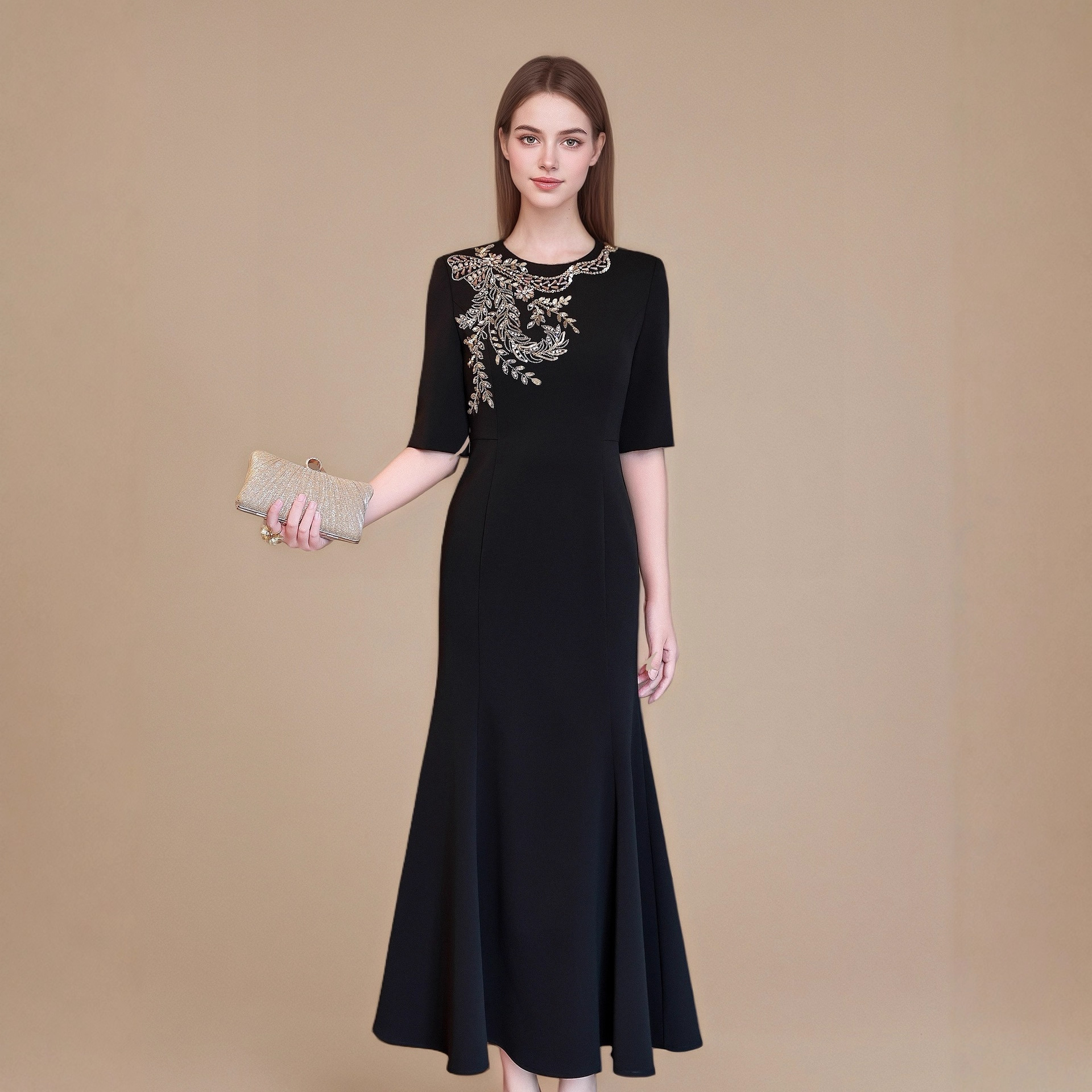 Daiweier 2025 Autumn Heavy-Duty Rhinestone Vintage Floral Waist-Cinching Banquet Wedding Long Gown with a Light Luxury Temperament