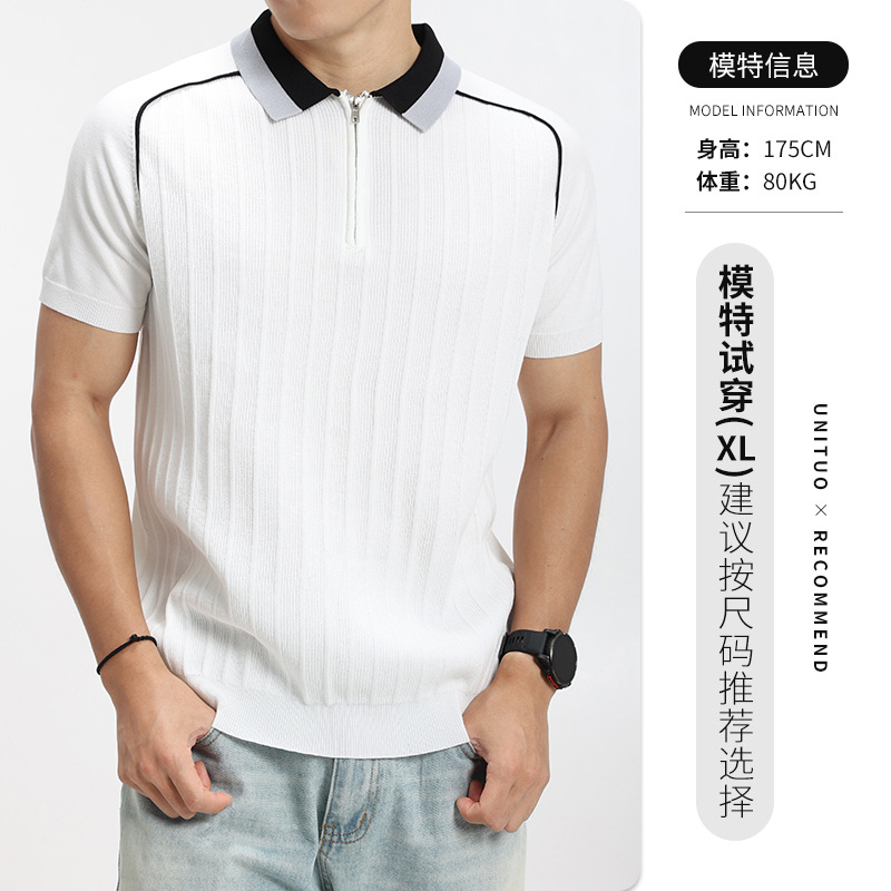 Hombres de alto nivel con la solapa de hielo camiseta de polo de punto hombre de negocios casual verano a rayas verticales camiseta de manga corta hombre
