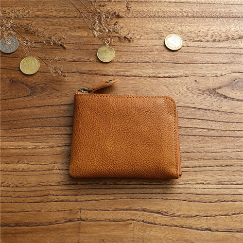 Men's vegetable tanned first layer cowhide short wallet genuine leather wallet casual ultra-thin simple wallet zipper coin purse trendy