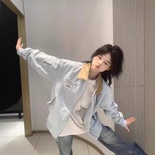 美式复古外套女春秋2025新款潮牌撞色翻领宽松情侣夹克棒球服开衫