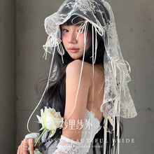 新娘短款头纱复古气质女白色蕾丝蝴蝶结求婚领证影楼拍摄道具头饰