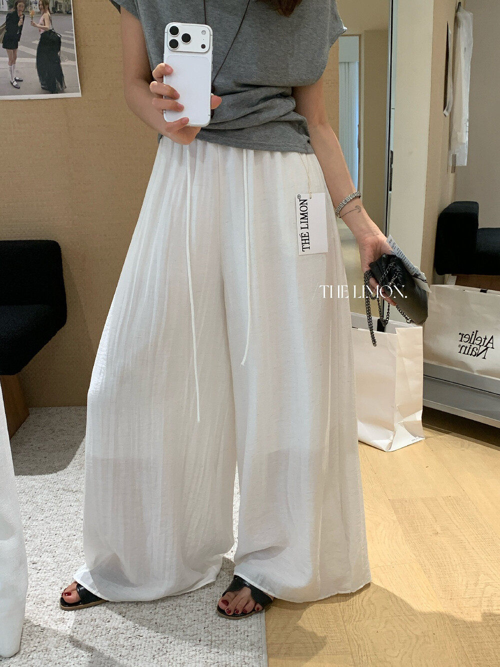 Quần culottes ống rộng cạp chun rút dây chất liệu linen mùa hè — Vàng nhạt, màu đen, trắng ngà, màu hồng chi tiết 18