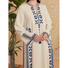 中东跨境穆斯林女式印花V领长袍阿拉伯民族风印花连衣裙外贸款