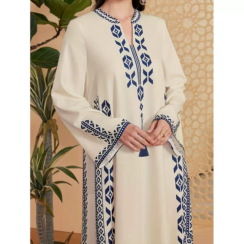 中东跨境穆斯林女式印花V领长袍阿拉伯民族风印花连衣裙外贸款