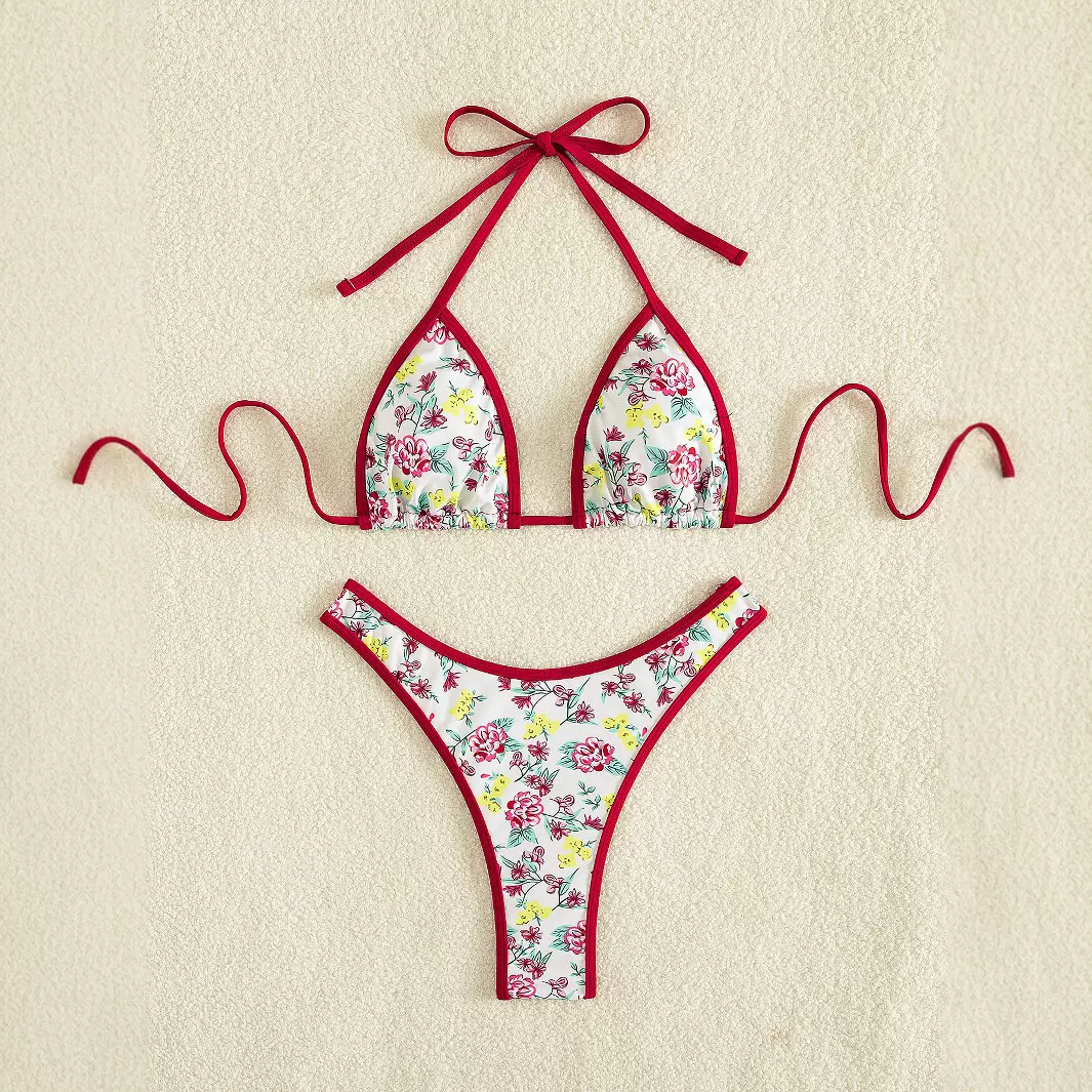 2025新款跨境欧美碎花分体女士比基尼泳衣Bikini性感露背系带泳装